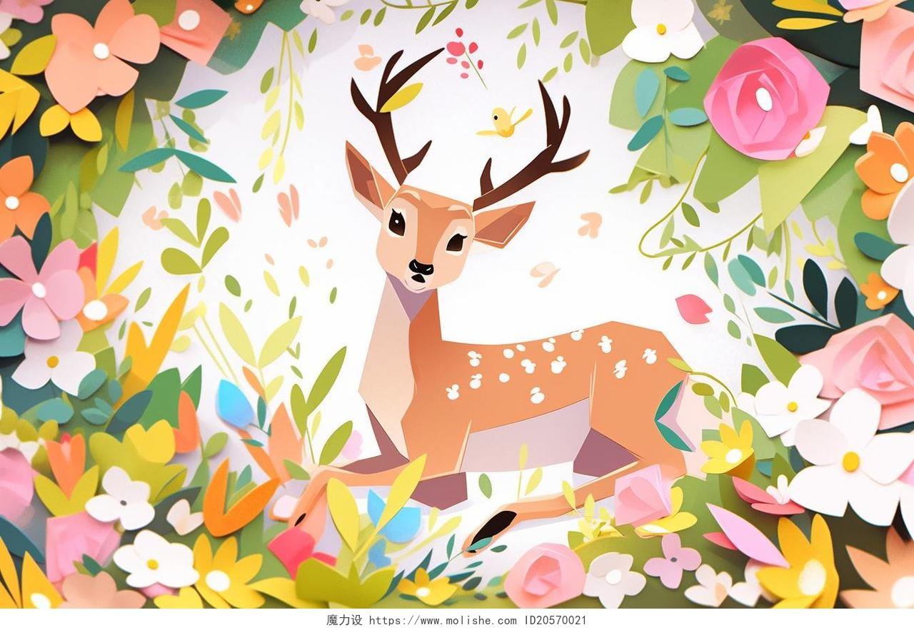 森林花丛中的鹿唯美剪纸AI插画植物背景